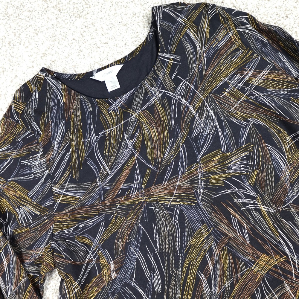 CJ Banks Womens 1X Long Sleeve Abstract Print Scoop Neck Top Black Gold Copper